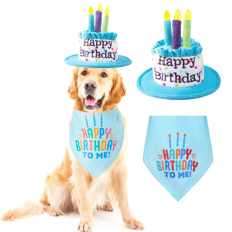 Ushang Pet Large Dog Birthday Cake Hat & Bandana Scarfs Set Blue, Handmade Dog Happy Birthday Hat with Colorful Candles, Extral Large Dog Birthday Party Supplies Decorations - Image 1